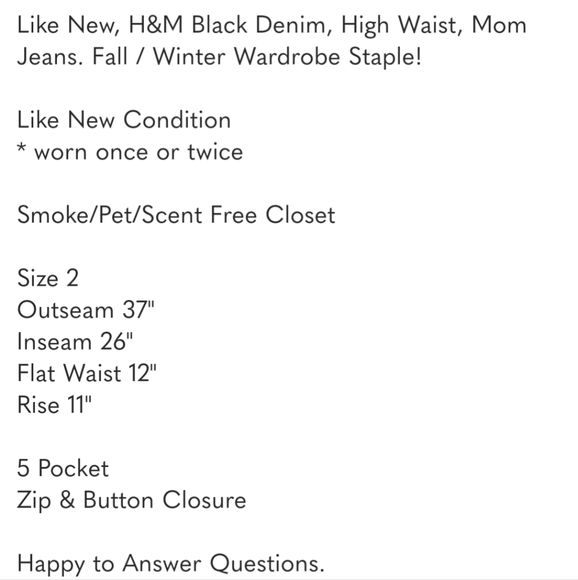 H&M Like New, Black Denim, High Waist, Mom Jeans, 5 Pocket, Sz 2. HP! - Picture 6 of 12